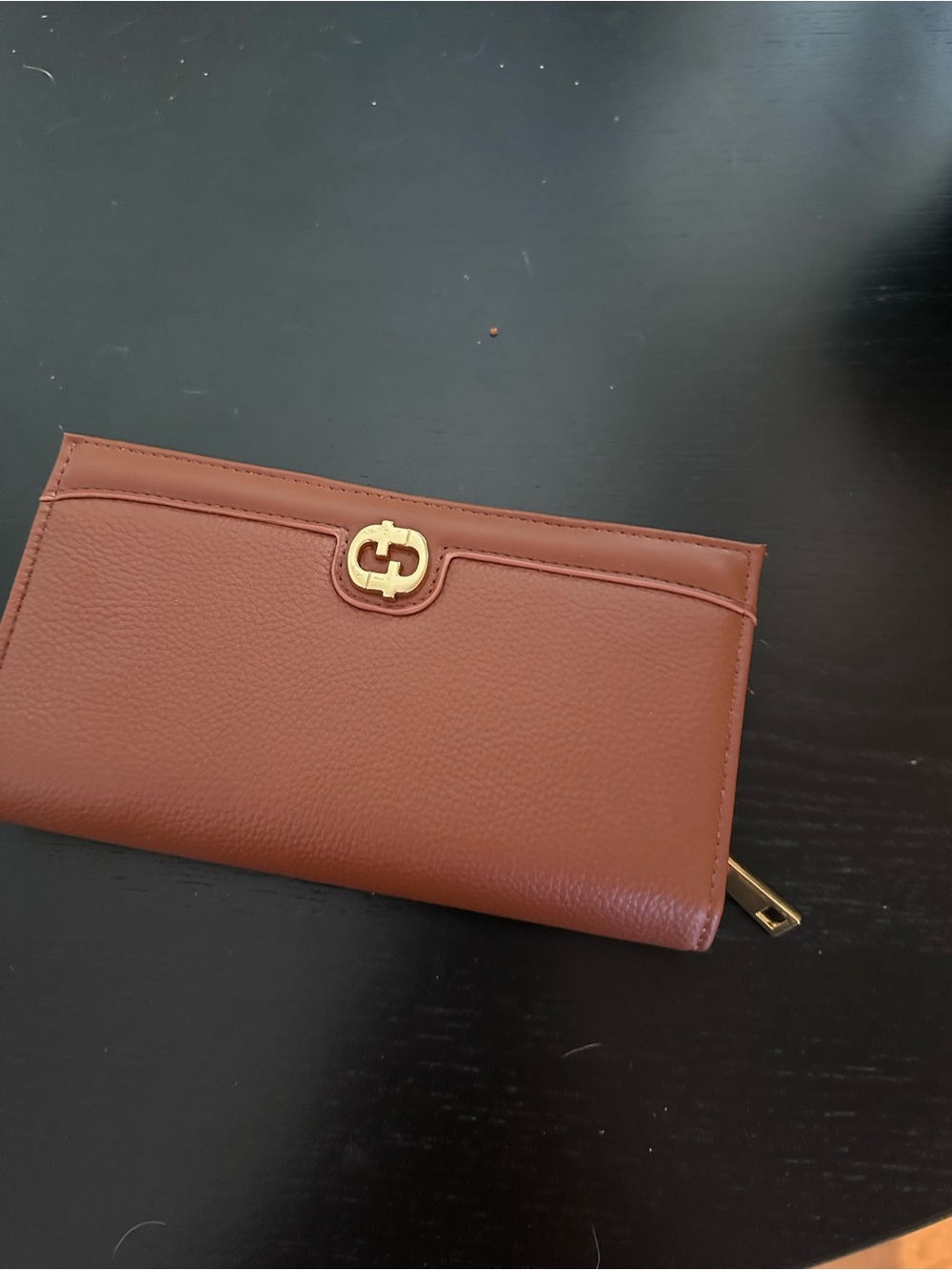 Brown Leather Zip Wallet with Gold Accent